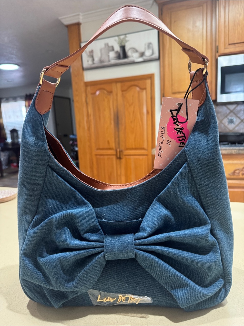 Betsey Johnson Teal Bow Shoulder Bag with Tan Strap